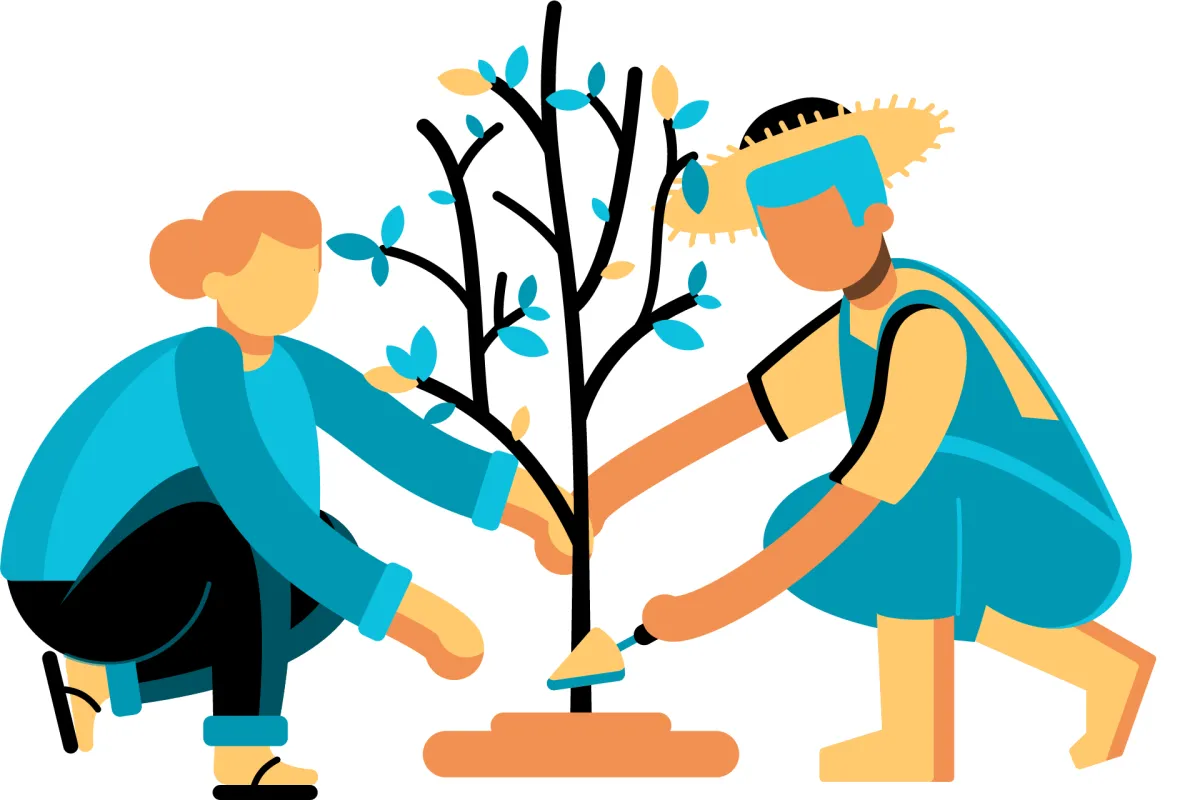 Two gardeners planting and maintaining a tree