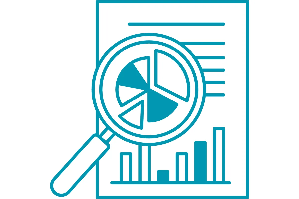 A sheet of paper with statistics on it, with a Magnifying glass looking at it