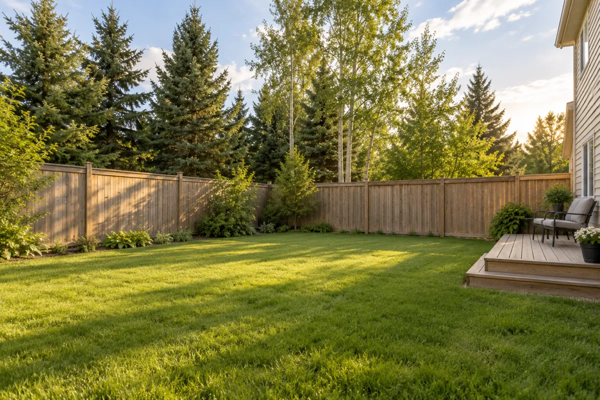 Illustration of a fenced yard with a lawn, mature trees and a deck