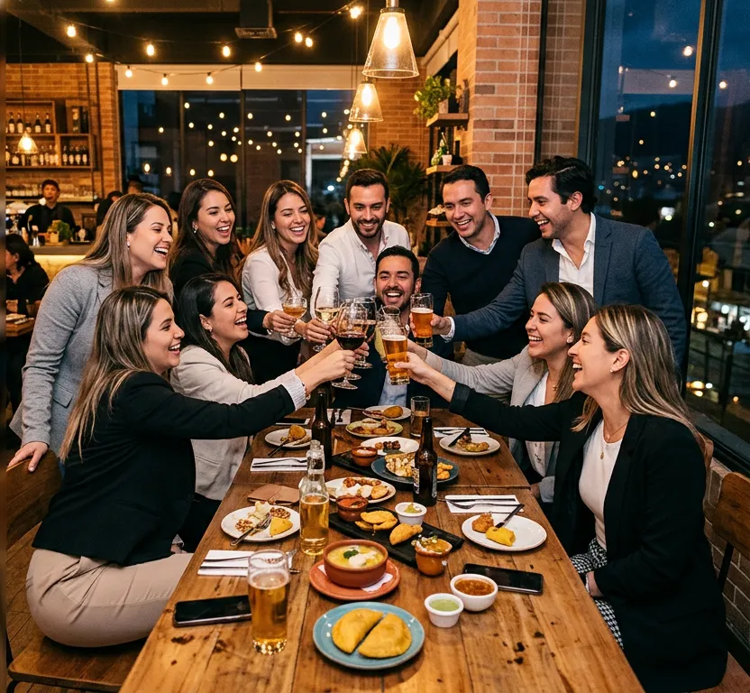 Celebración corporativa nocturna en Bogotá con gastronomía gourmet y música en vivo