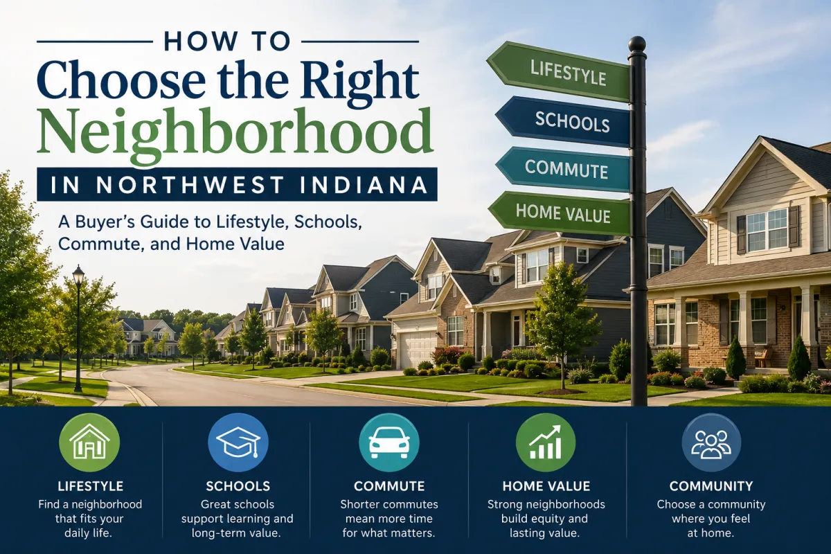 Modern suburban neighborhood in Northwest Indiana highlighting lifestyle, schools, commute, and home value factors for homebuyers.