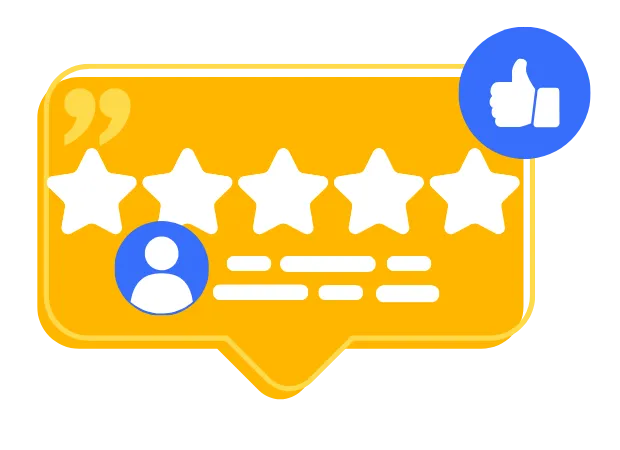a message icone with 5 stars a contact icon and a thumbs up icon 