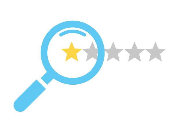 a magnifying glass hovering over a 1 star review