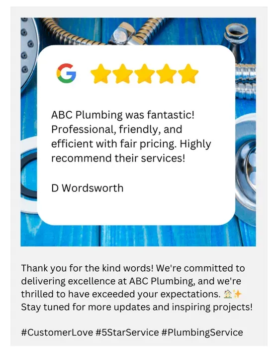 A image showing a Social media post example showing a review over a background image 