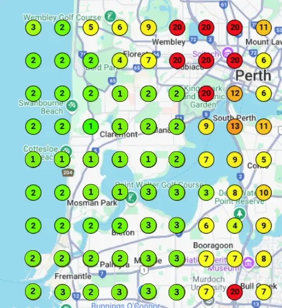 Google Business Profile heatmap AFTER optimisation – local SEO visibility for Perth businesses