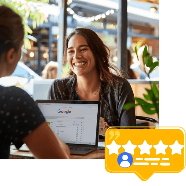 Business owner showing Google reviews on laptop – Lead Tree Digital Perth
