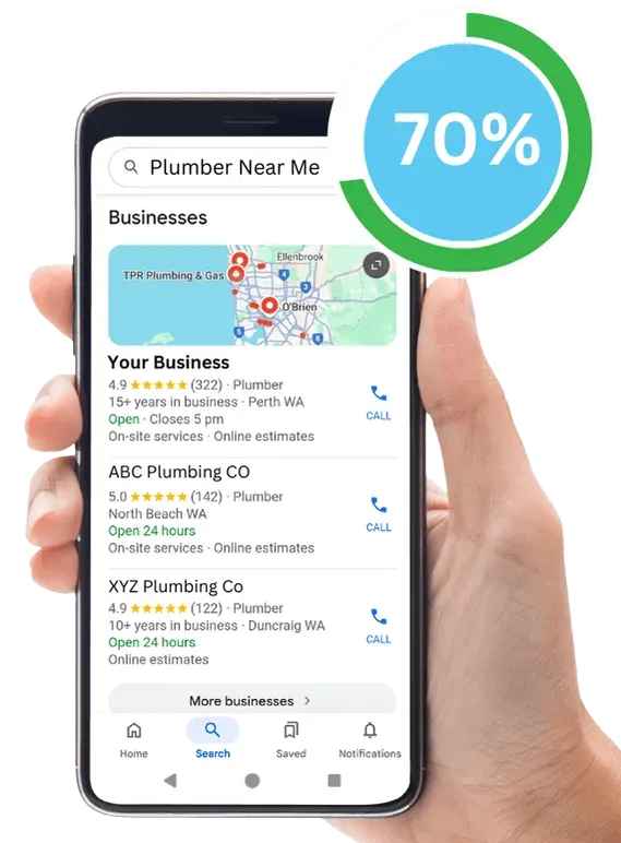 A picture of a mobile phone with an image of a tradesman holding a laptop with the a persons name on it, there is a text message below requesting to a client to leave a review