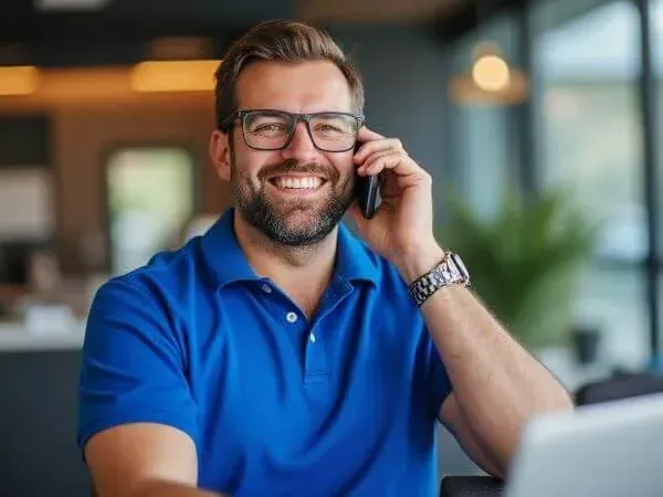 A picture of a mobile phone with an image of a tradesman holding a laptop with the a persons name on it, there is a text message below requesting to a client to leave a review