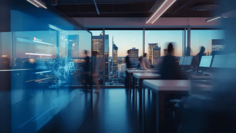 Modern Perth office with large windows overlooking a cityscape. Multiple professionals work at computer stations, suggesting a dynamic, tech-driven environment. Abstract graphics on a glass wall display gears and data patterns, symbolizing digital strategy and automation.