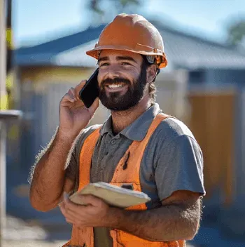 Confident Perth tradesperson seated in a workshop, wearing a high-visibility vest and work boots. The creative, tool-filled environment reflects hands-on expertise. Ideal for showcasing digital marketing agency support for service-based businesses, Google reviews for business, and website development tailored to local industries.