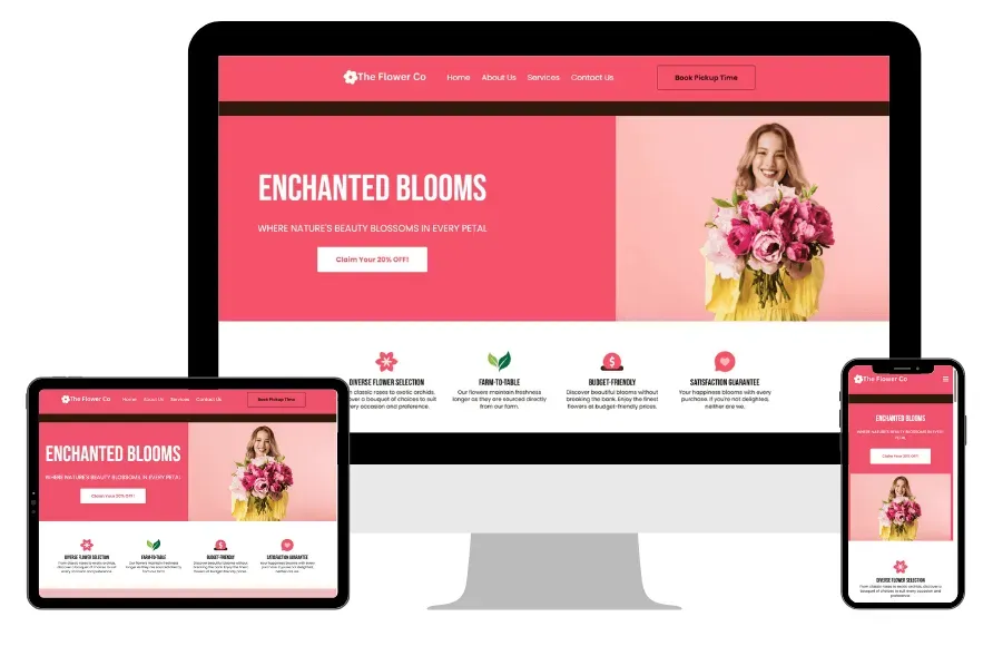 Modern florist website example from Website Design Perth with pink layout and woman holding flowers.