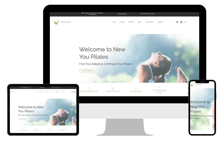 Website Design Perth example featuring a modern Pilates studio website layout with calm green branding, welcoming headline “Welcome to New You Pilates,” and peaceful background image of a woman stretching outdoors.