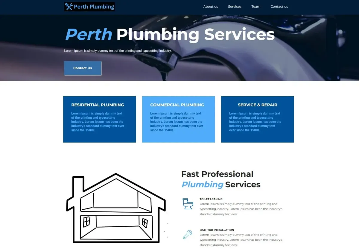 Perth Plumbing Services website example from Website Design Perth with blue layout and modern service design