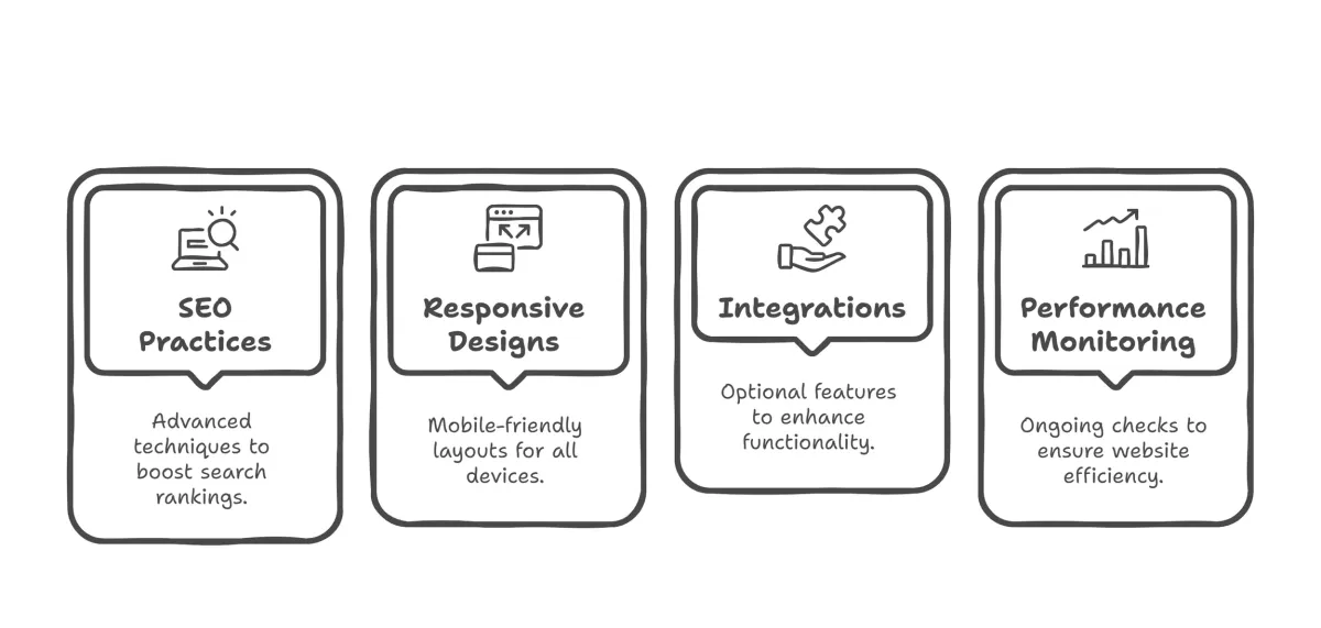 nfographic highlighting SEO practices, responsive designs, integrations, and performance monitoring as key features of professional web design services