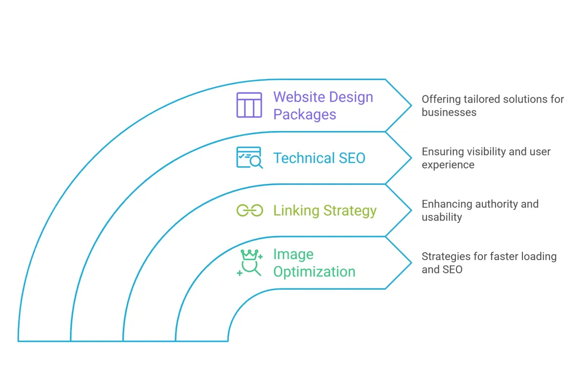 Website Design Perth infographic showing website design packages, technical SEO, linking strategy, and image optimization as key elements for improved website performance and user experience.