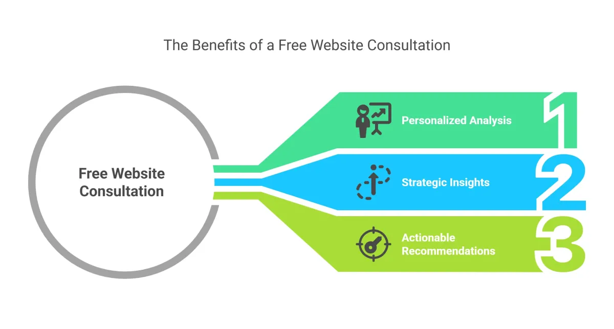 infographic explaining the benefits of a free website consultation, including personalized analysis, strategic insights, and actionable recommendations