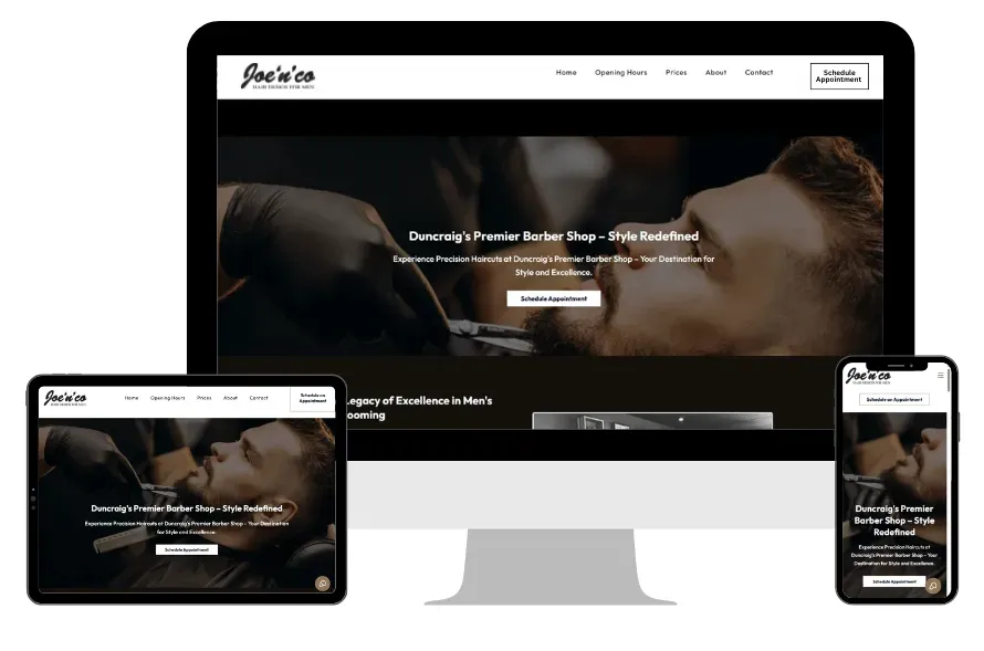 Website Design Perth example showcasing a responsive barber shop website displayed on desktop, tablet, and mobile devices — highlighting modern, mobile-friendly web design for Perth businesses.