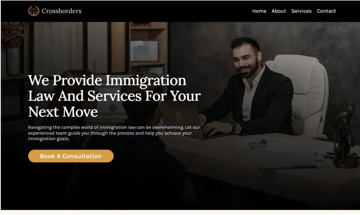 Website Design Perth project showcasing a modern law firm website for Crossborders, featuring a professional black and gold layout, lawyer at desk, and clear call-to-action for booking legal consultations.