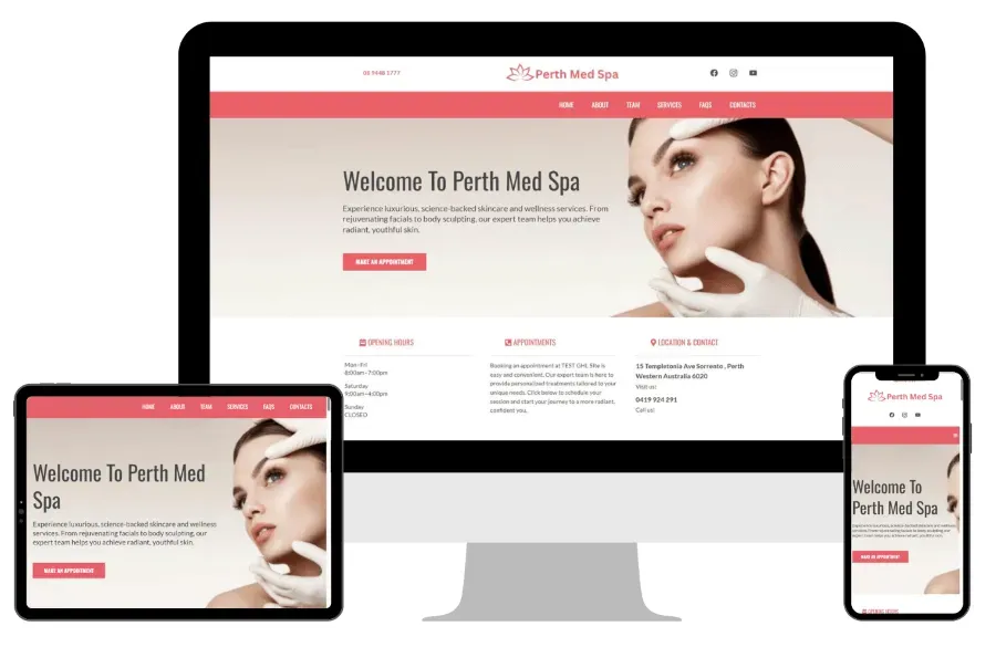 Website Design Perth example showcasing a responsive website for Perth Med Spa displayed on desktop, tablet, and mobile screens — highlighting elegant, professional web design for Perth businesses.