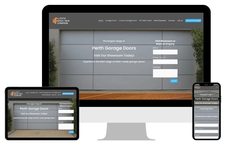 Website Design Perth example showcasing a responsive website for Perth Garage Door Showroom displayed on desktop, tablet, and mobile screens — highlighting professional, mobile-friendly web design for Perth businesses.