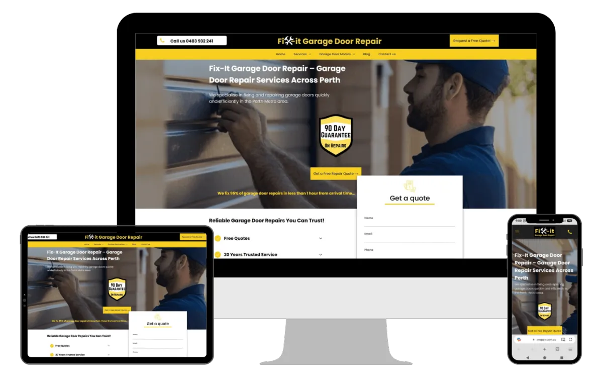 Website Design Perth project featuring a responsive website for Fix-It Garage Door Repair with bold yellow and black branding, clear service messaging, and a get-a-quote form displayed across desktop, tablet, and smartphone screens.