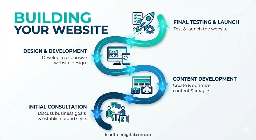 Illustration of Lead Tree Digital's website development process, showing four steps: Initial Consultation, Content Development, Design & Development, and Final Testing & Launch. The image uses teal and blue accents.