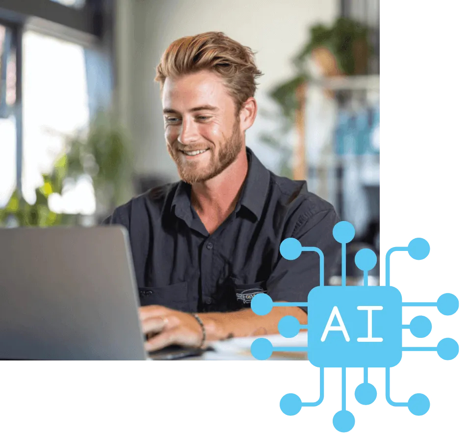 Business professional using laptop with AI services powering automation and digital workflows.