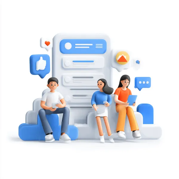 AI-powered automated social media system showing users interacting with messages, likes, and engagement icons.