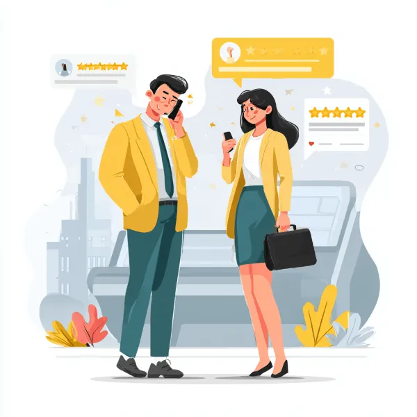 Business professionals using phones with AI-powered automated Google review requests and star ratings.