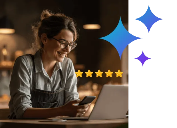 Small business owner smiling at five-star Google reviews on a laptop, showing automated AI review management and reputation growth