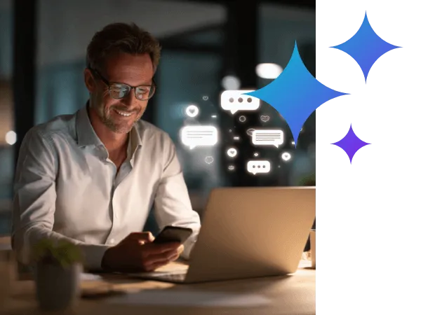 Business owner responding to website chat and social media messages on laptop and phone, representing AI conversation and instant customer replies