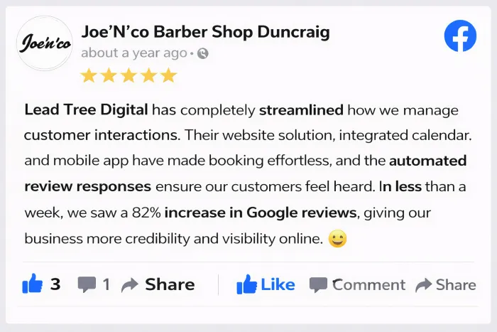 Facebook review from Joe’N’Co Barber Shop Duncraig highlighting Lead Tree Digital’s website, booking system and review automation.