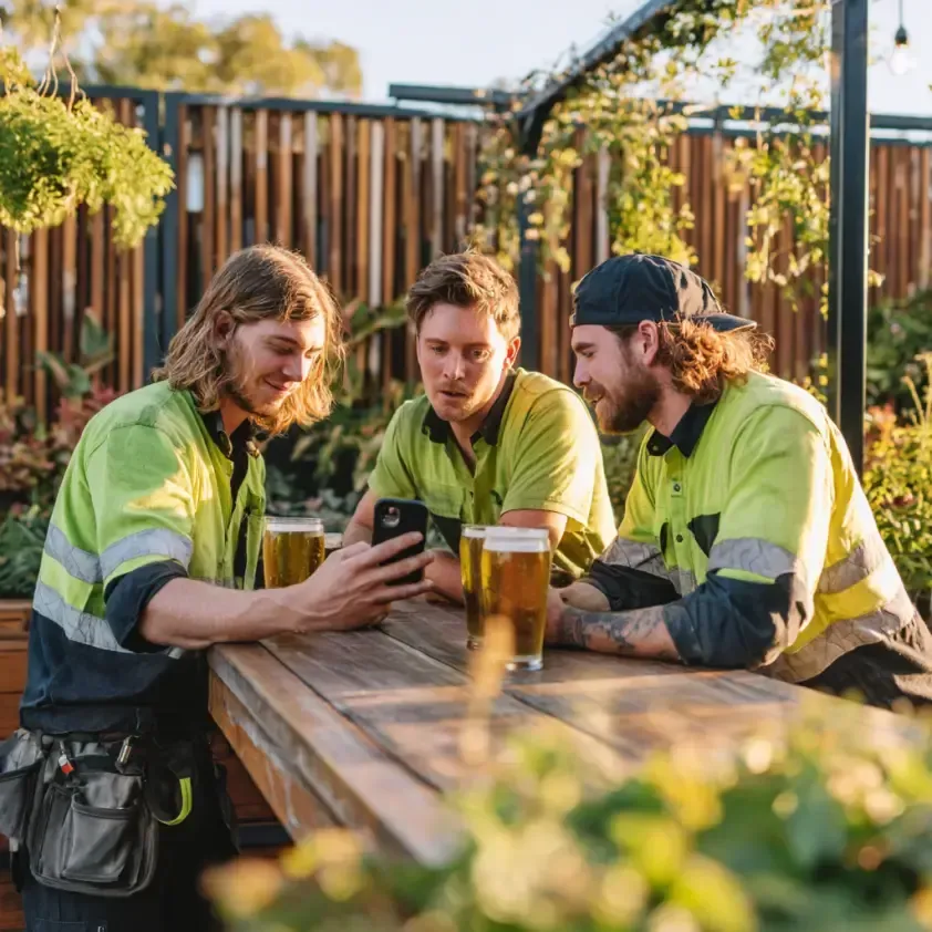 Affordable Web Design Perth – three construction workers in high-vis shirts reviewing a website on a smartphone while sitting outdoors with drinks.