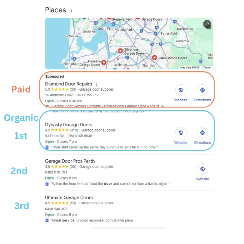 Perth Google map pack showing paid and organic rankings for garage door services driving lead generation