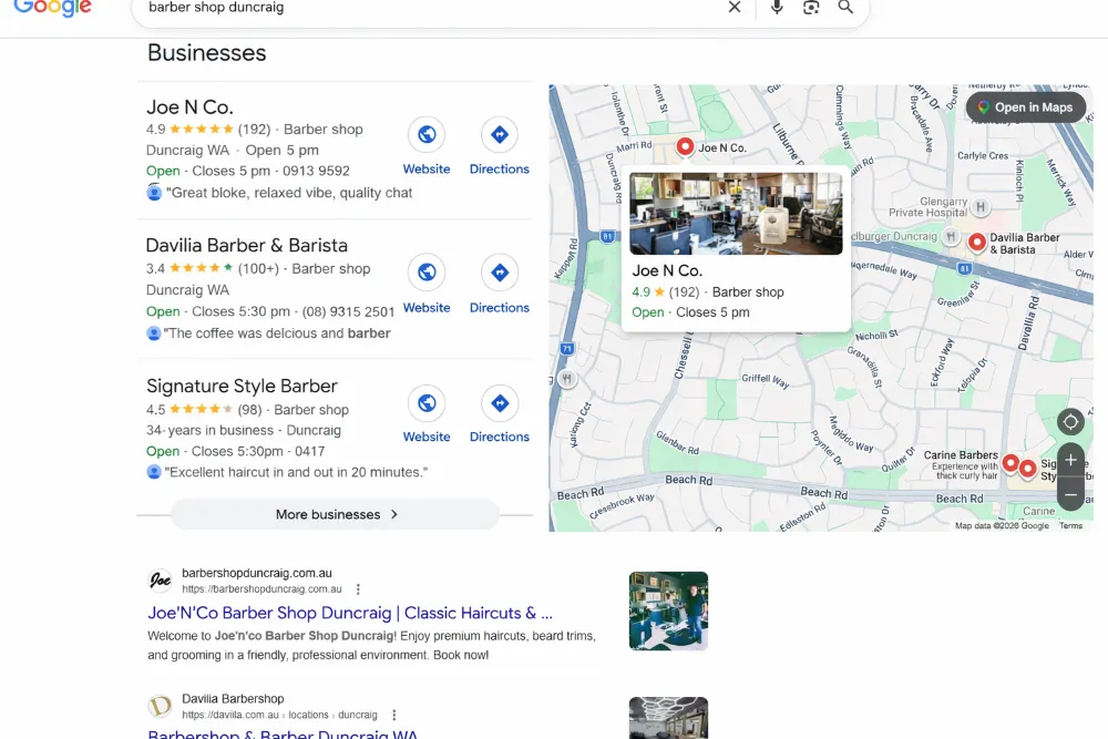 Perth barber shop Google map pack results supporting local lead generation and visibility
