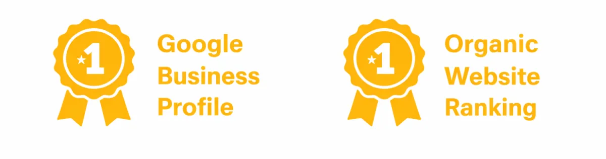 Number one ranking badges highlighting Google Business Profile and organic website ranking for lead generation and local SEO case studies