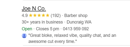 Perth barber shop Google listing with reviews supporting lead generation and local visibility