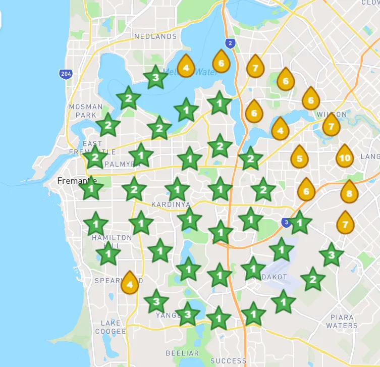 Perth lead generation agency results map showing widespread local rankings and visibility