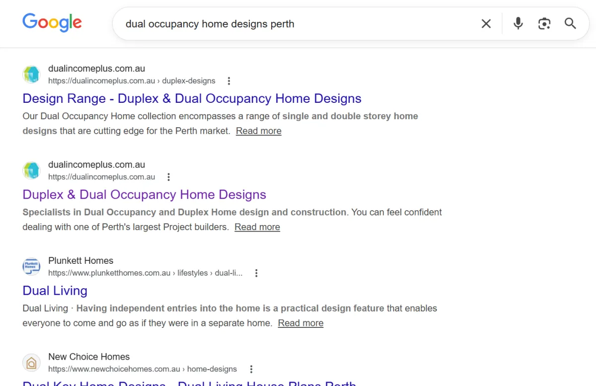 Dual occupancy home designs Perth search results with high ranking website driving enquiry growth