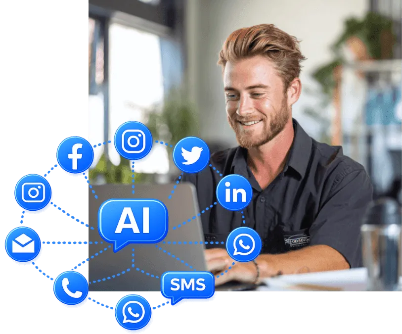 Business professional using laptop with AI services powering automation and digital workflows.