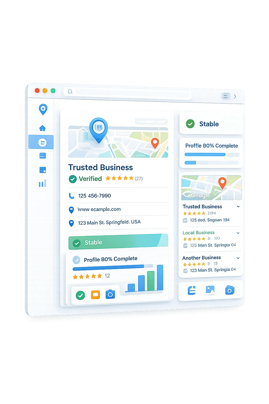 Google Business Profile optimisation dashboard showing verification status, trust signals, local SEO metrics, review indicators, and Google Maps business profile management.
