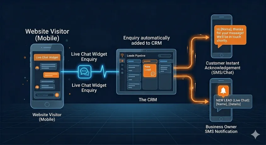 Live chat widget lead capture and automated SMS acknowledgment.