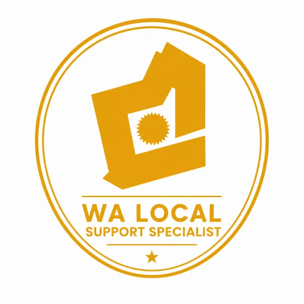 Gold Western Australia badge on a white background with centered geometric emblem, representing local support and WA-based services.