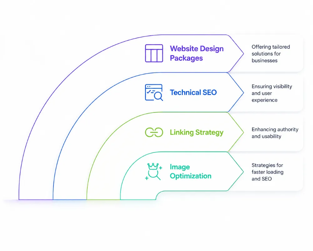 Website Design Perth infographic showing website design packages, technical SEO, linking strategy, and image optimization as key elements for improved website performance and user experience.