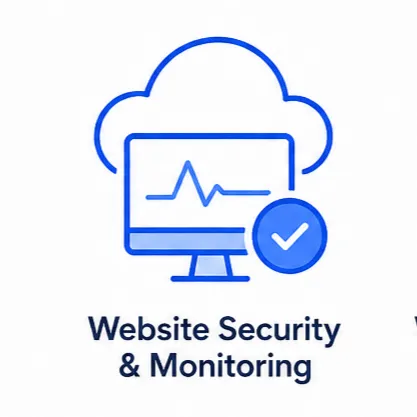 ebsite security and monitoring icon with cloud, monitor, and checkmark, representing secure hosting infrastructure 