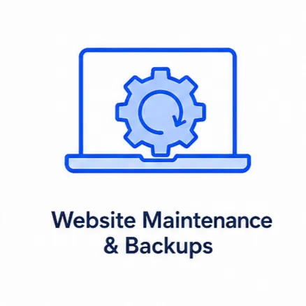Website maintenance and backups icon with laptop and refresh gear, representing ongoing site upkeep