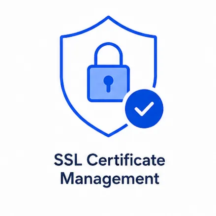 SSL certificate management icon with shield, padlock, and checkmark, representing secure website hosting