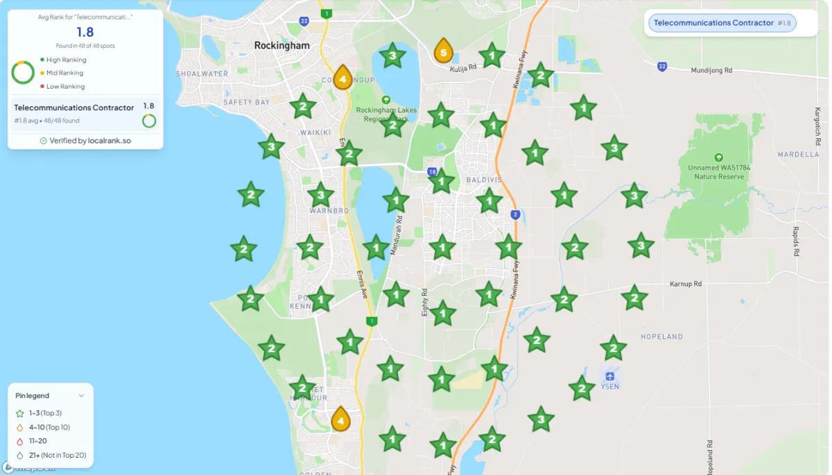 Google Business Profile heat map showing telecommunications contractor rankings after local SEO optimisation in Perth with an average ranking of 1.8