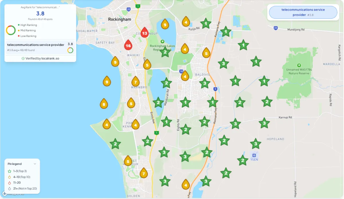 Google Business Profile heat map showing telecommunications service rankings before local SEO optimisation in Perth with an average ranking of 3.8