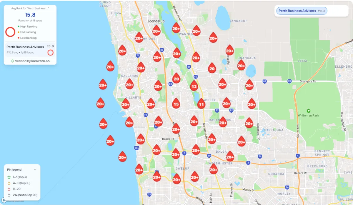 Google Business Profile heat map showing Perth Business Advisors rankings before local SEO optimisation with an average Google Maps ranking of 15.8